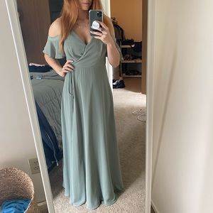 Lulu’s Sage Green Cold-Shoulder Wrap Maxi Dress